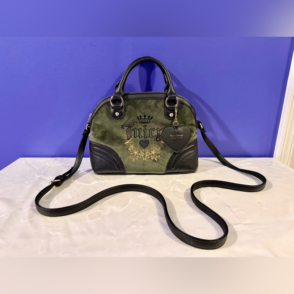 NWT Juicy Couture Green Velvet Satchel Bag w/ Faux Leather Straps